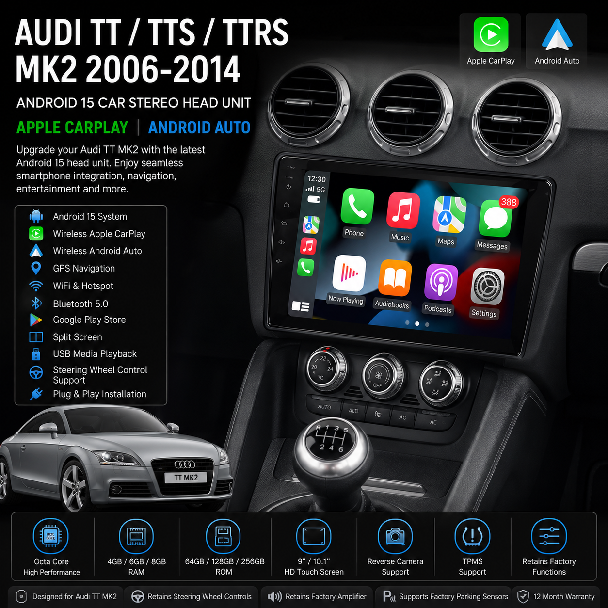 Audi TT / TTS / TTRS MK2 Android 15 Apple CarPlay & Android Auto Head Unit (2006-2014)