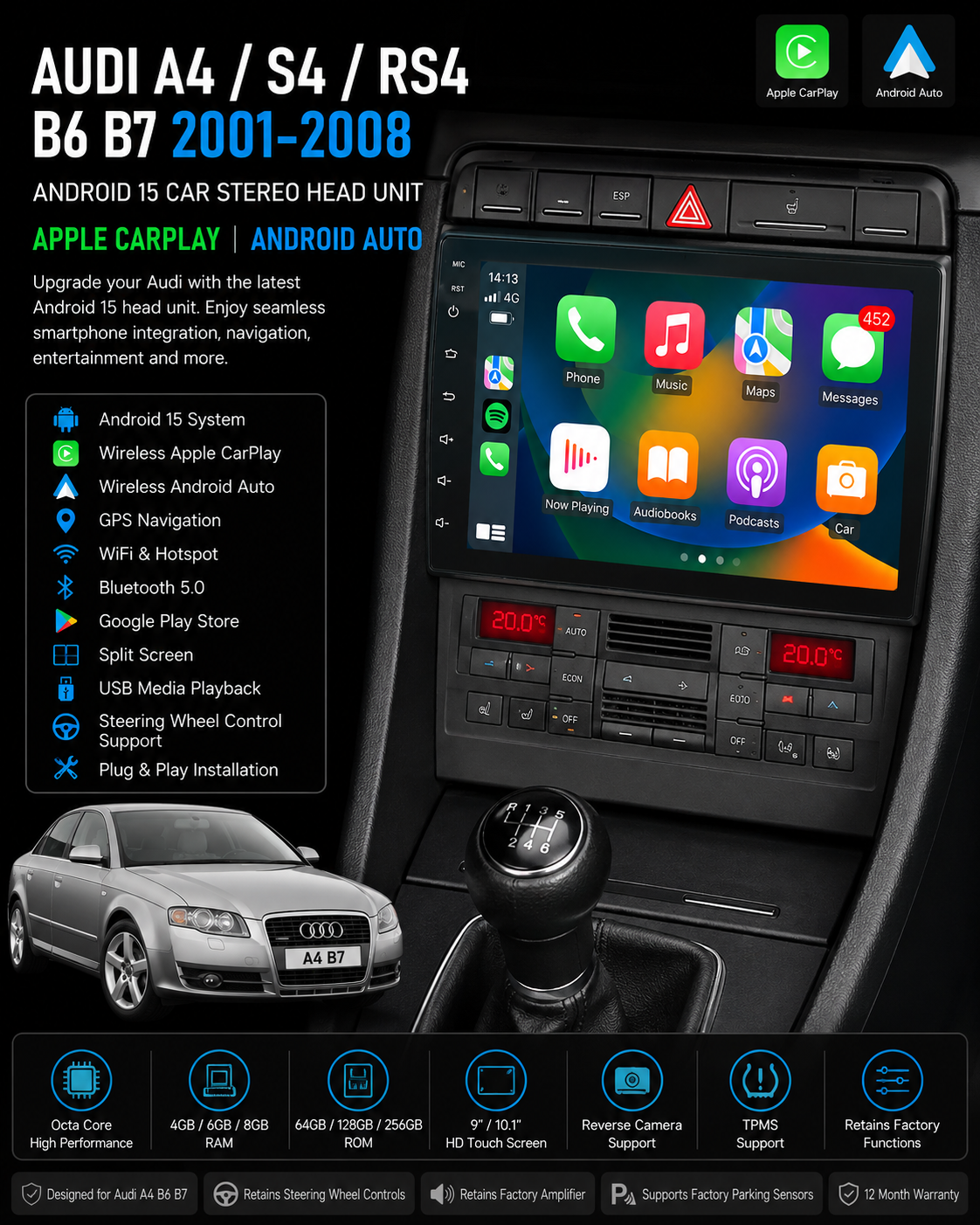 Audi A4 / S4 / RS4 B6 B7 Android 15 Apple CarPlay & Android Auto Head Unit (2001-2008)
