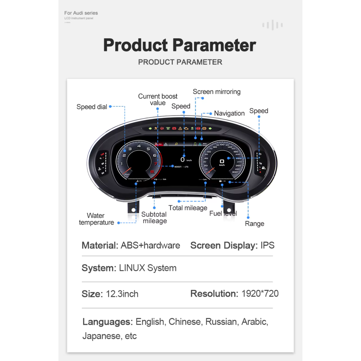 Audi A3 S3 RS3 2013-2020 Digital Instrument Cluster – Linux System LCD Dashboard