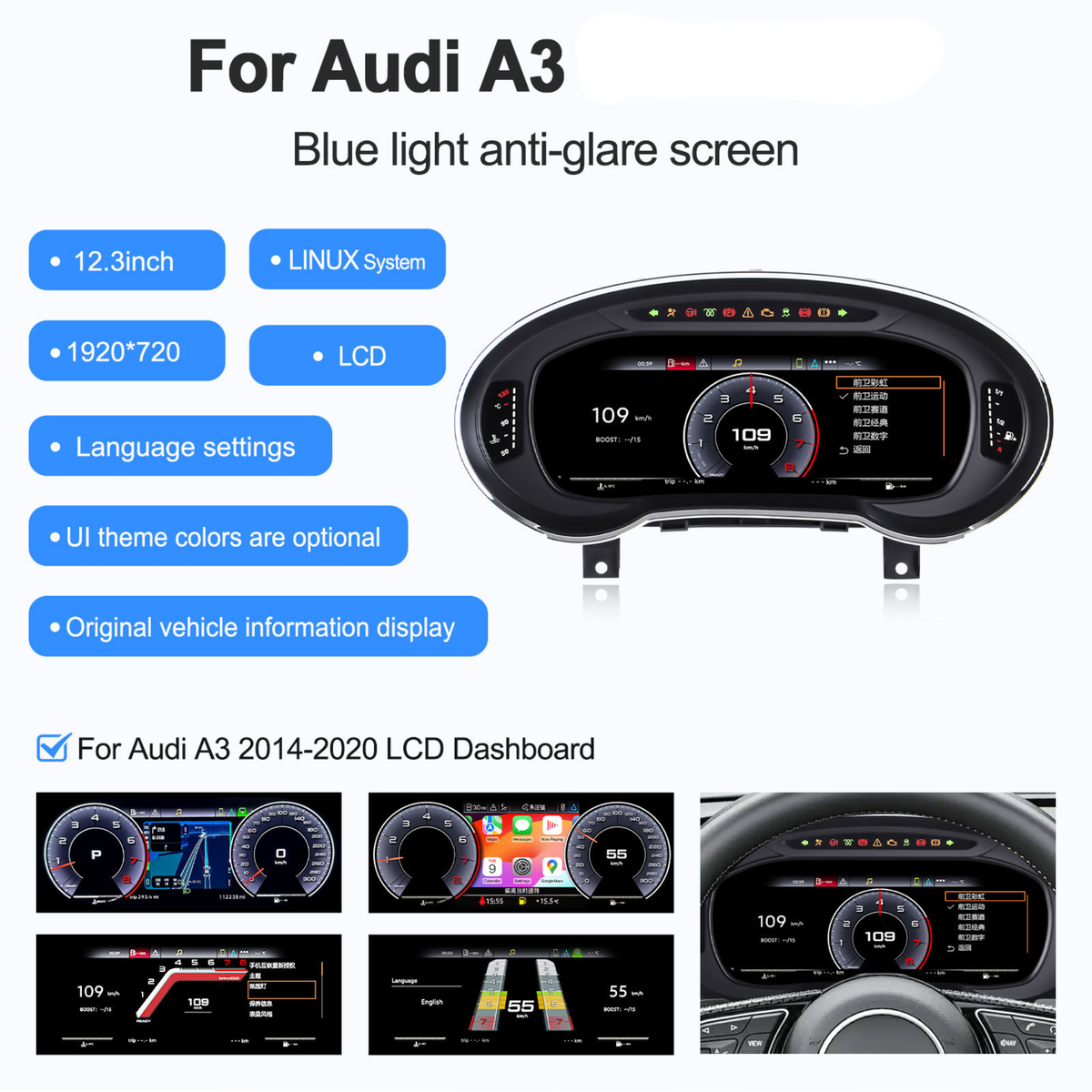 Audi A3 S3 RS3 2013-2020 Digital Instrument Cluster – Linux System LCD Dashboard