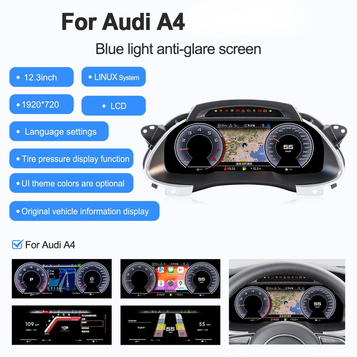 Audi A4 S4 RS4 2008-2012 Digital Instrument Cluster – Linux System LCD Dashboard