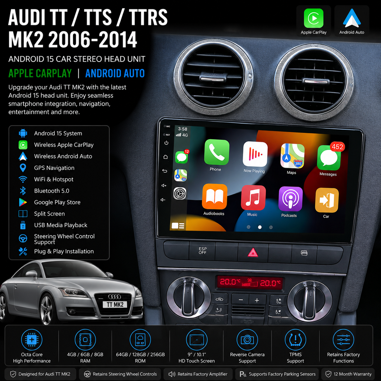 Audi A3 / S3 / RS3 Android 15 Apple CarPlay & Android Auto Head Unit 8P (2003-2012)