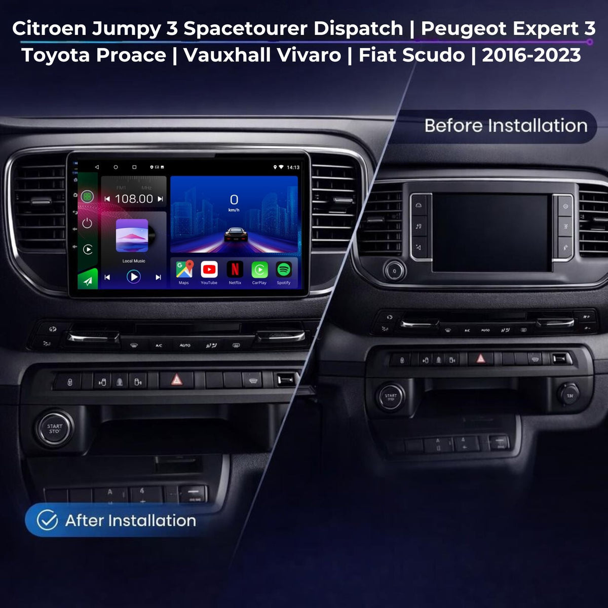 Citroen Jumpy Spacetourer Dispatch Peugeot Expert Vauxhall Vivaro / Proace / Scudo 2016-2023 Android 15 Car Stereo Head Unit | CarPlay & Android Auto