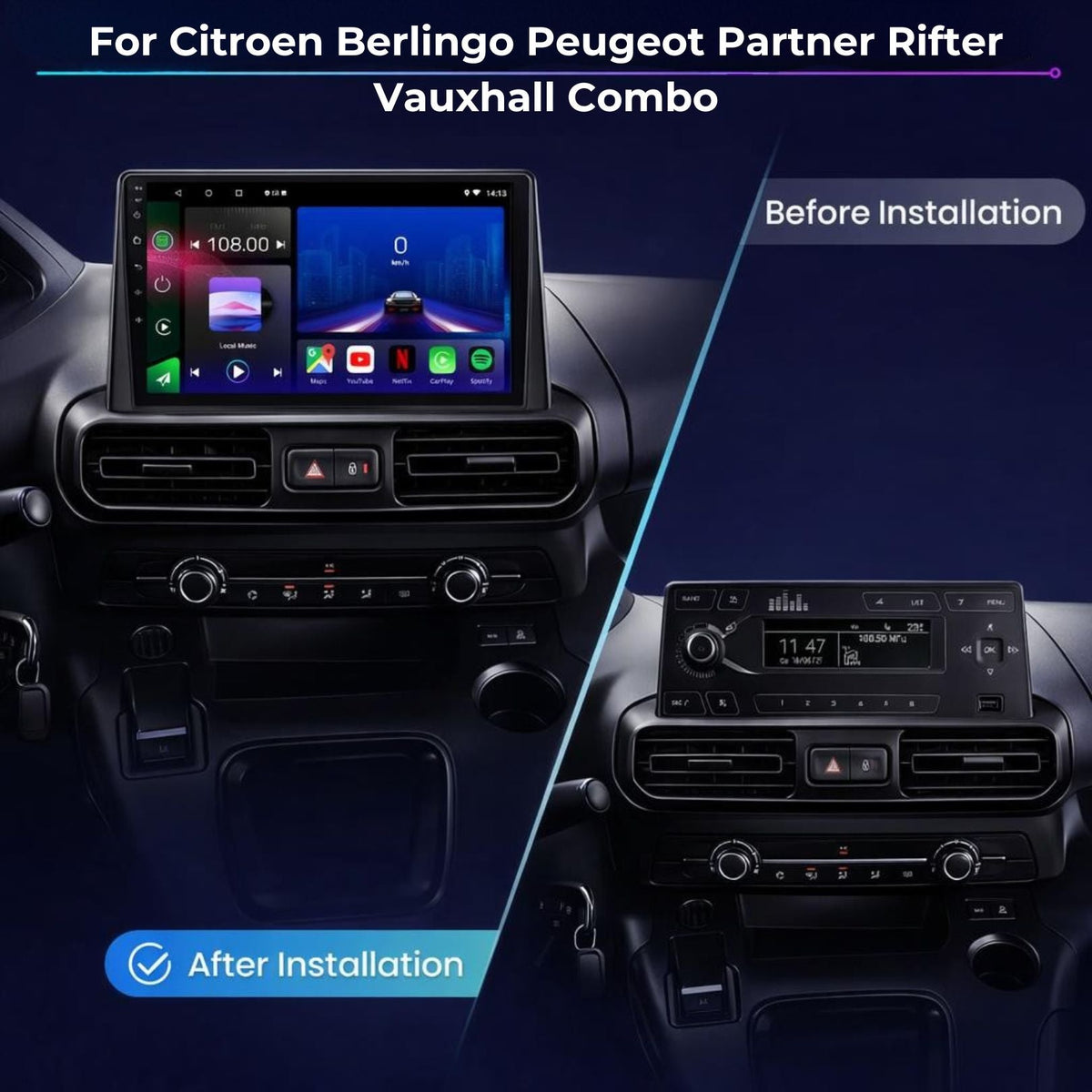 Peugeot Partner & Citroen Berlingo & Vauxhall Combo 2018-2024 Android 15 Car Stereo Head Unit | CarPlay Android Auto