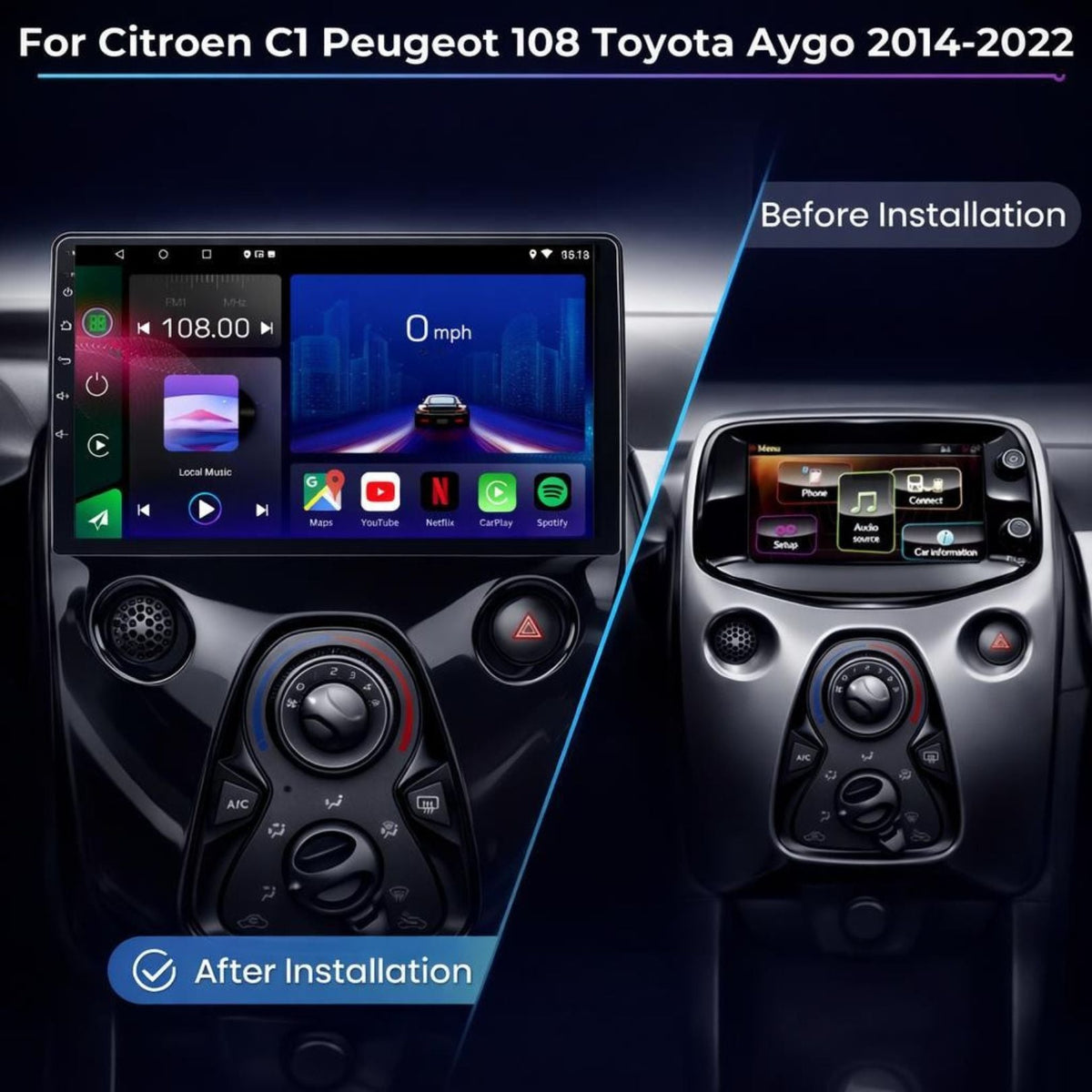 Peugeot 108 & Citroen C1 & Toyota Aygo 2014-2022 Android 15 Car Stereo Head Unit | CarPlay Android Auto