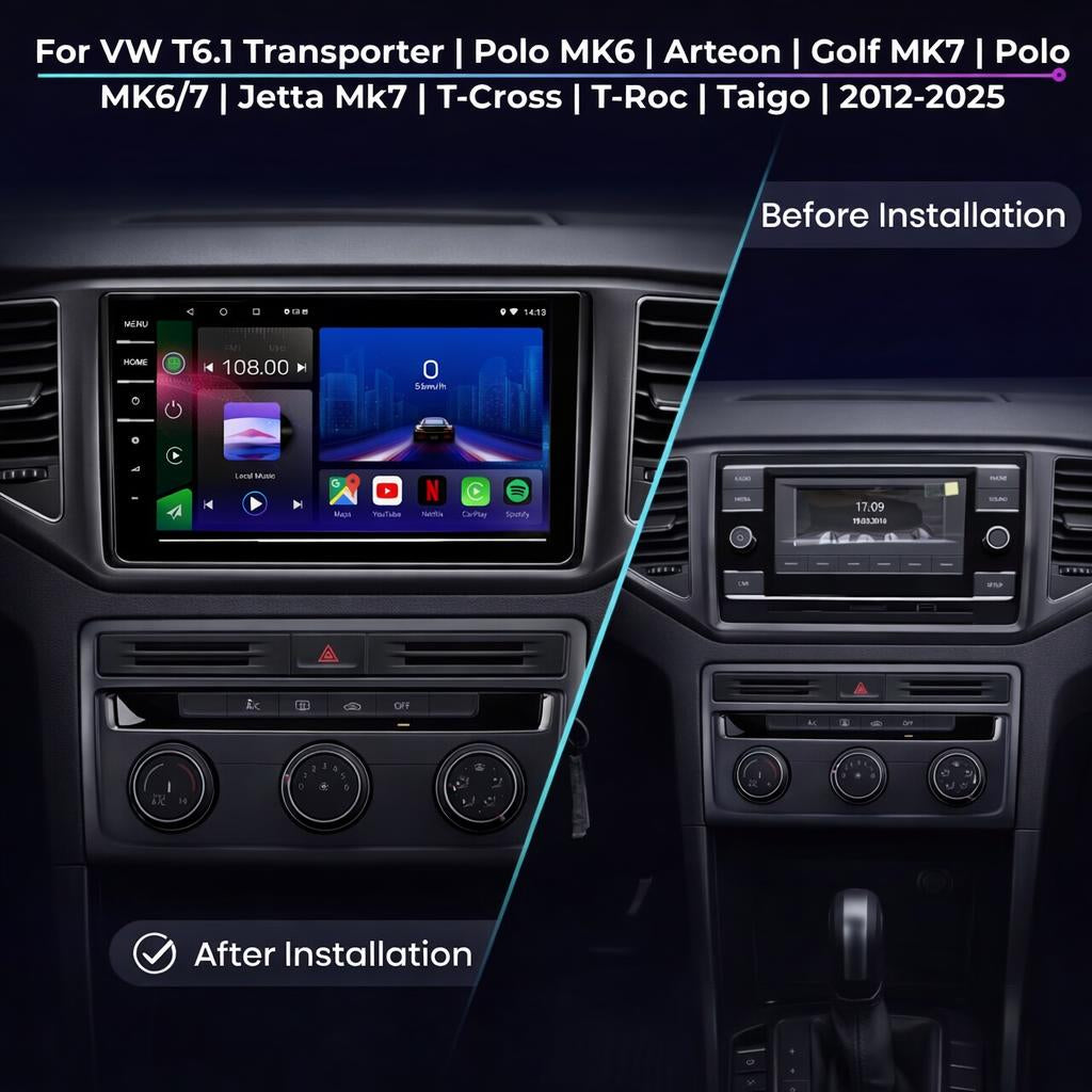 Volkswagen 2012-2025 T6.1 Transporter Polo MK6 Arteon Golf MK7 Polo MK6/7 T-Cross T-Roc Taigo Android 15 Car Stereo Head Unit | CarPlay Android Auto Radio