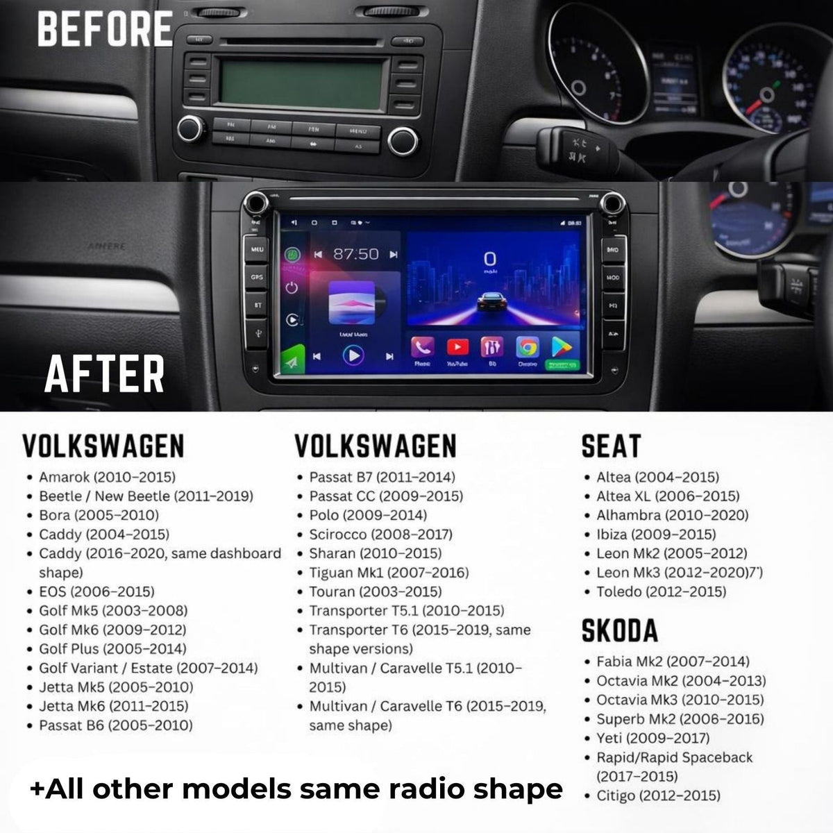 Volkswagen Seat & Skoda 8inch Display Android 15 Car Stereo Head Unit | CarPlay Android Auto