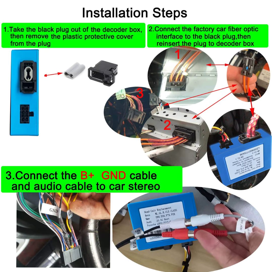 For Audi BMW Mercedes Porsche Aux Optical Fiber Optic Box Decoder Amplifier Adapter